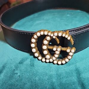 Gucci Black Belt with Gold Pearl GG Buckle